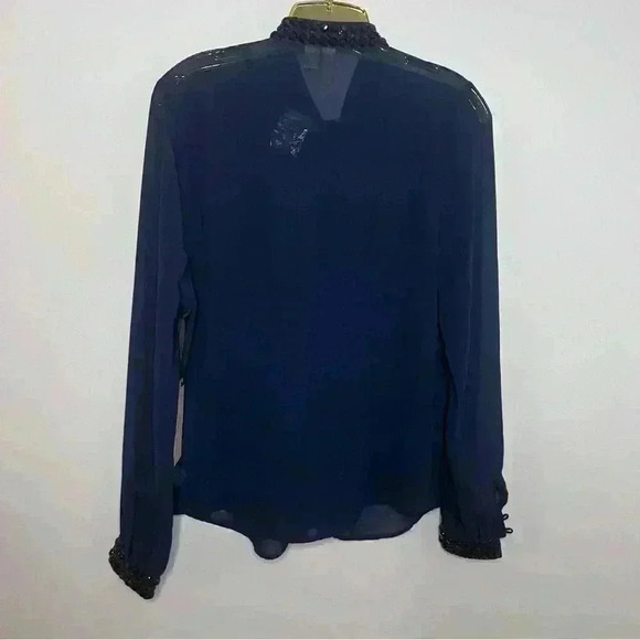 FOREVER 21 Vintage Sheer Navy Blouse, Beaded Trim, Button Front, Size L, NWT - Picture 4 of 8